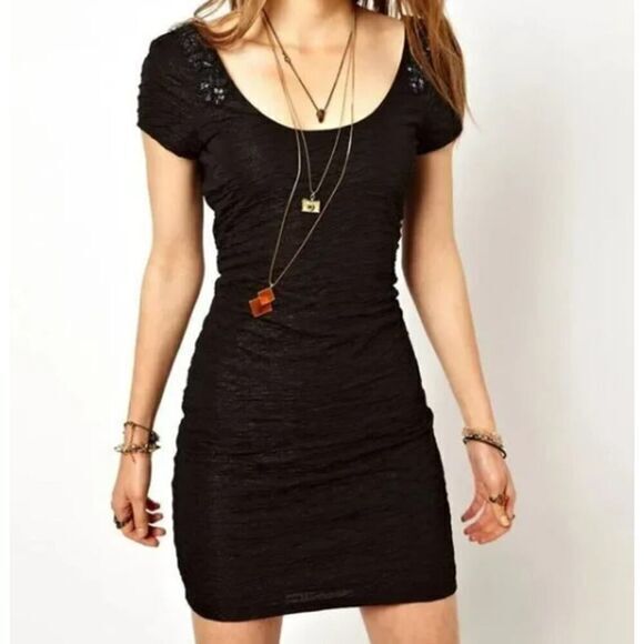 FREE PEOPLE Bringing Sexy Back Black Metallic Beaded Mini Dress Size Medium - Picture 3 of 10